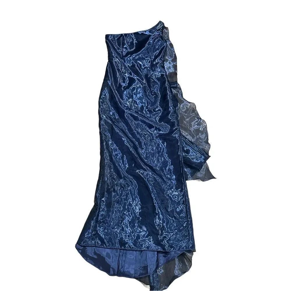 Scott McClintock navy evening gown one shoulder organza dress 6 dead stock vinta